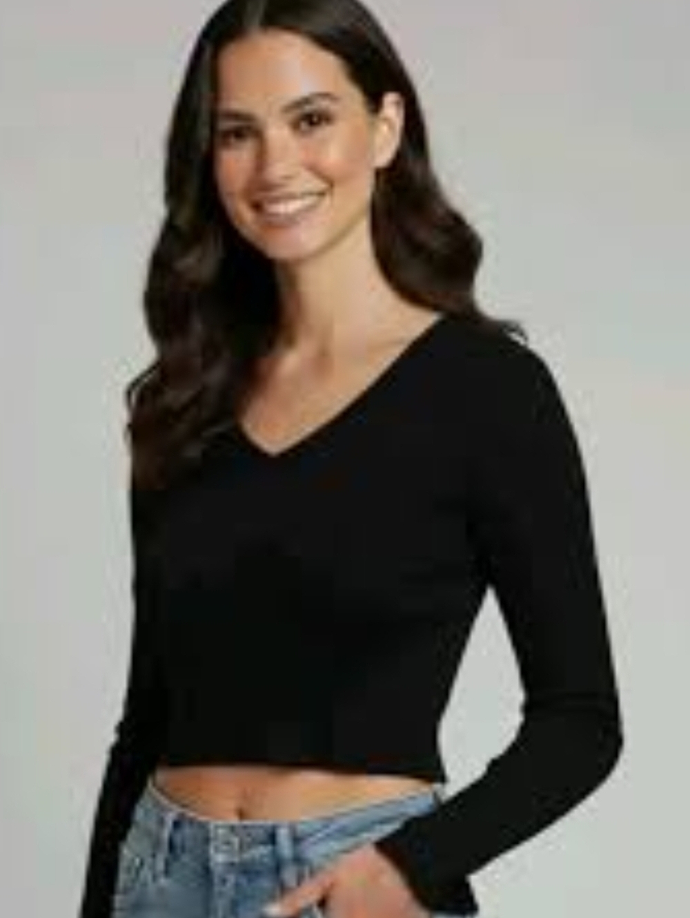 Pink Rose Black V-Neck Long Sleeve Crop Top